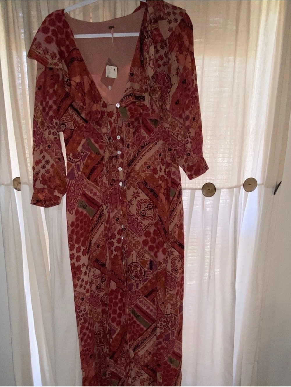 Free People Rust and Pink Patchwork Button-Front Maxi Dress
